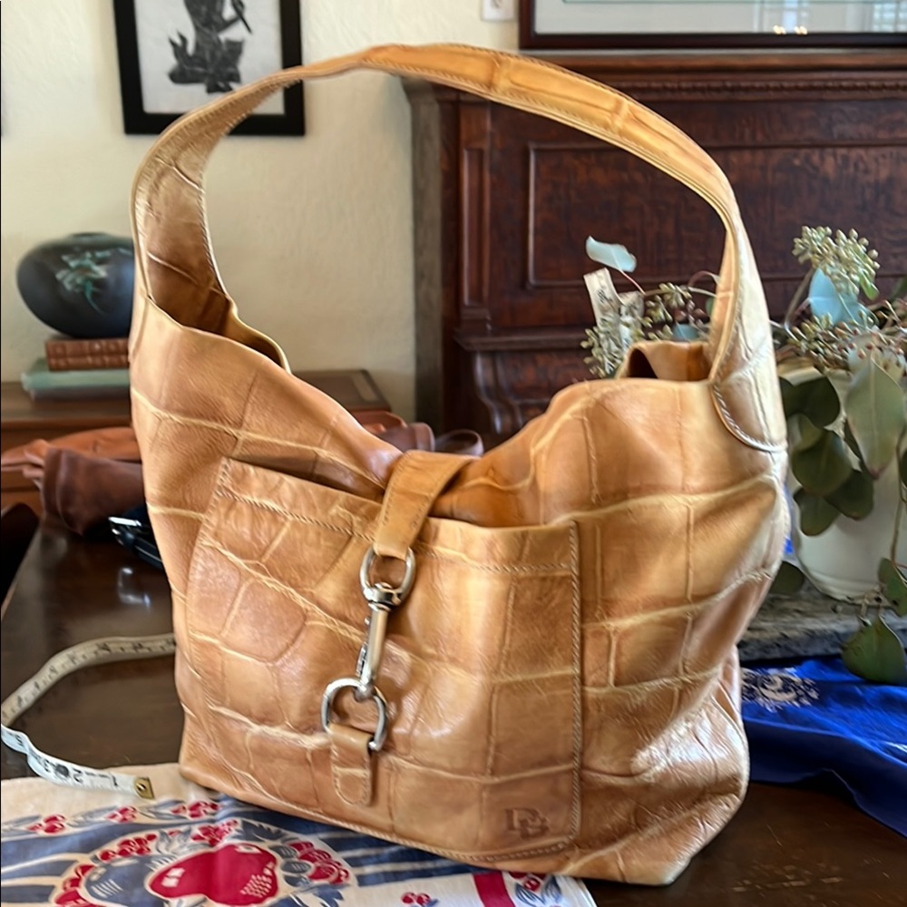 Dooney & Bourke Tan Croc-Embossed Leather Hobo with Silver Hardware